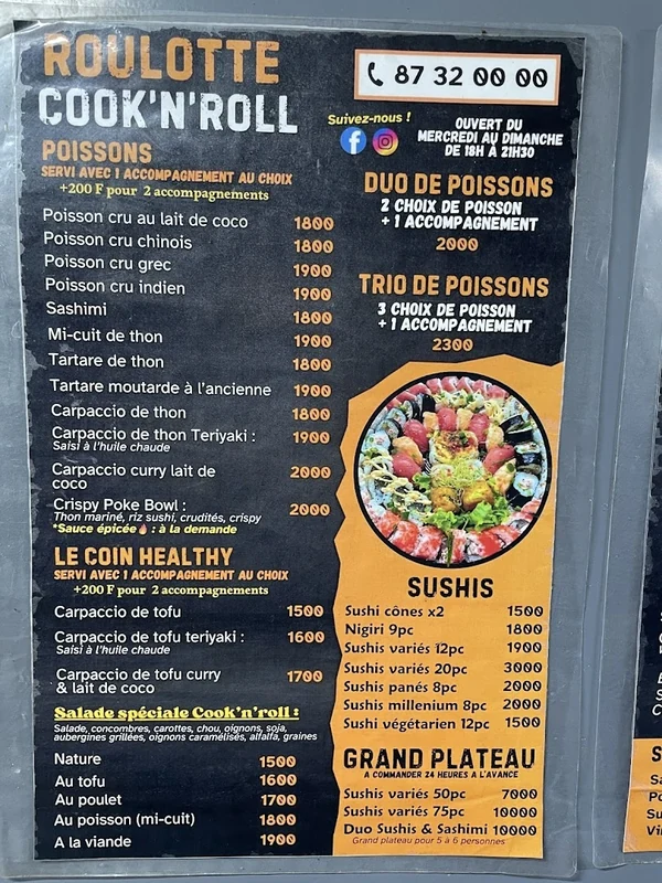 Cook'N'Roll, menu page 1 : poissons, healthy, sushis et grands plateaux