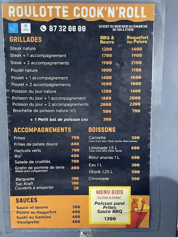 Cook'N'Roll, menu page 2 : grillades, accompagnements, boissons, menu kids